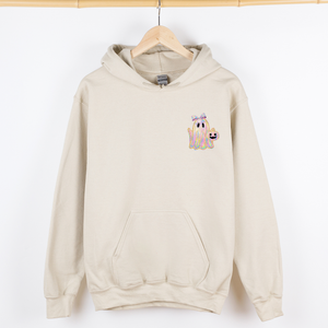Cute Ghost Coquette Ribbon Faux Glitter Halloween Vintage Inspired Cozy Nighttime Charm Pocket Hoodie — view 5