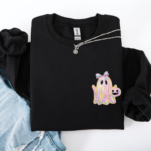 Cute Ghost Coquette Ribbon Faux Glitter Halloween Vintage Velvet Pocket Sweatshirt — view 3