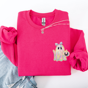 Cute Ghost Coquette Ribbon Faux Glitter Halloween Vintage Velvet Pocket Sweatshirt — view 1