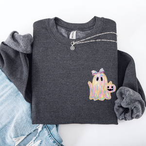 Cute Ghost Coquette Ribbon Faux Glitter Halloween Vintage Velvet Pocket Sweatshirt — view 2
