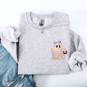 Cute Ghost Coquette Ribbon Faux Glitter Halloween Vintage Velvet Pocket Sweatshirt — view 6