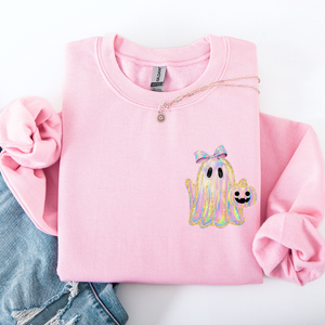 Cute Ghost Coquette Ribbon Faux Glitter Halloween Vintage Velvet Pocket Sweatshirt — view 4