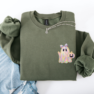 Cute Ghost Coquette Ribbon Faux Glitter Halloween Vintage Velvet Pocket Sweatshirt — view 7