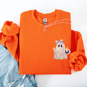 Cute Ghost Coquette Ribbon Faux Glitter Halloween Vintage Velvet Pocket Sweatshirt — view 8
