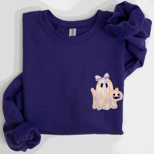 Cute Ghost Coquette Ribbon Faux Glitter Halloween Vintage Velvet Pocket Sweatshirt — view 5