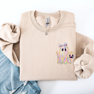 Cute Ghost Coquette Ribbon Faux Glitter Halloween Vintage Velvet Pocket Sweatshirt — view 9