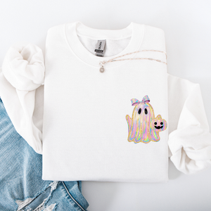 Cute Ghost Coquette Ribbon Faux Glitter Halloween Vintage Velvet Pocket Sweatshirt — view 10