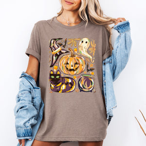Cute Halloween Painted Pumpkin Black Cat Ghost Witch Scene Of Playful Spooky Charm Graphic Tee — view 2