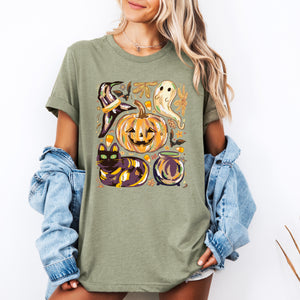 Cute Halloween Painted Pumpkin Black Cat Ghost Witch Scene Of Playful Spooky Charm Graphic Tee — view 3