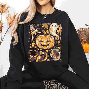 Cute Halloween Painted Pumpkin Black Cat Ghost Witch Skeleton Moonlit Night Scene Sweatshirt — view 3
