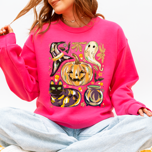 Cute Halloween Painted Pumpkin Black Cat Ghost Witch Skeleton Moonlit Night Scene Sweatshirt — view 4
