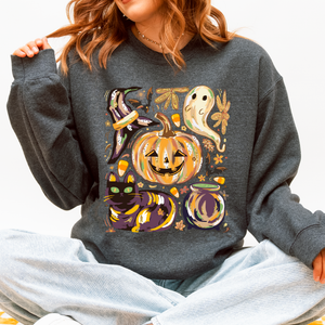 Cute Halloween Painted Pumpkin Black Cat Ghost Witch Skeleton Moonlit Night Scene Sweatshirt — view 5