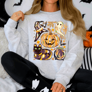 Cute Halloween Painted Pumpkin Black Cat Ghost Witch Skeleton Moonlit Night Scene Sweatshirt — view 6