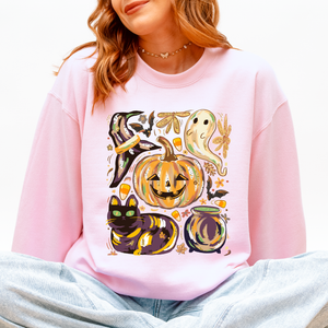 Cute Halloween Painted Pumpkin Black Cat Ghost Witch Skeleton Moonlit Night Scene Sweatshirt — view 7