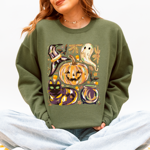 Cute Halloween Painted Pumpkin Black Cat Ghost Witch Skeleton Moonlit Night Scene Sweatshirt — view 2