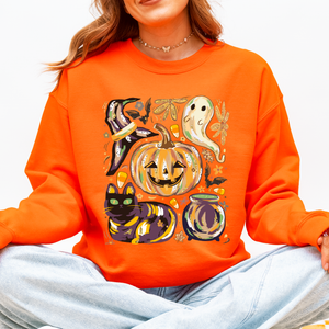 Cute Halloween Painted Pumpkin Black Cat Ghost Witch Skeleton Moonlit Night Scene Sweatshirt — view 8