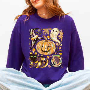 Cute Halloween Painted Pumpkin Black Cat Ghost Witch Skeleton Moonlit Night Scene Sweatshirt — view 9