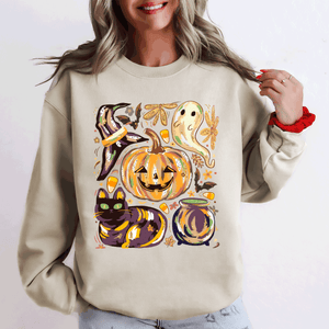 Cute Halloween Painted Pumpkin Black Cat Ghost Witch Skeleton Moonlit Night Scene Sweatshirt — view 1