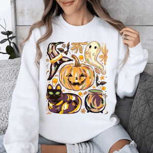 Cute Halloween Painted Pumpkin Black Cat Ghost Witch Skeleton Moonlit Night Scene Sweatshirt — view 10