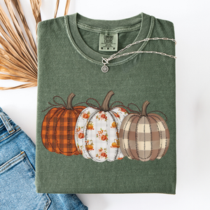 Cute Patterned Pumpkins Halloween Autumn Plaid Cozy Festive Seasonal Comfort Colors Tee — view 2