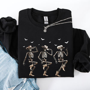 Dancing Cowboy Skeletons Halloween Bats Western Night Parade Cozy Graphic Sweatshirt — view 2