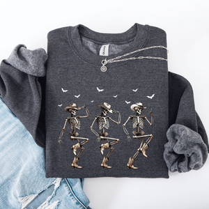 Dancing Cowboy Skeletons Halloween Bats Western Night Parade Cozy Graphic Sweatshirt — view 4