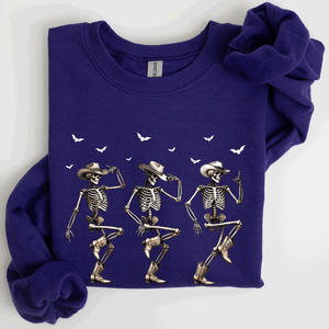 Dancing Cowboy Skeletons Halloween Bats Western Night Parade Cozy Graphic Sweatshirt — view 7