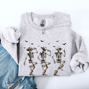 Dancing Cowboy Skeletons Halloween Bats Western Night Parade Cozy Graphic Sweatshirt — view 3