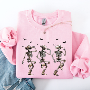 Dancing Cowboy Skeletons Halloween Bats Western Night Parade Cozy Graphic Sweatshirt — view 5