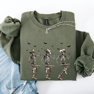 Dancing Cowboy Skeletons Halloween Bats Western Night Parade Cozy Graphic Sweatshirt — view 6