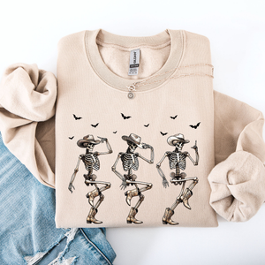 Dancing Cowboy Skeletons Halloween Bats Western Night Parade Cozy Graphic Sweatshirt — view 1