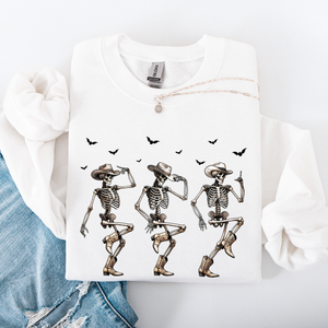 Dancing Cowboy Skeletons Halloween Bats Western Night Parade Cozy Graphic Sweatshirt — view 10