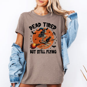 Dead Tired But Still Flying Halloween Witch Design With Spooky Spirit Theme Graphic Tee — view 2