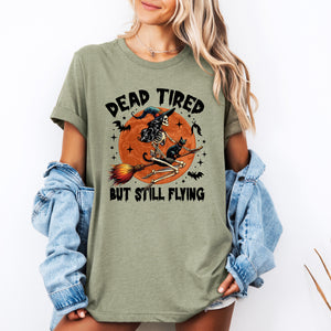 Dead Tired But Still Flying Halloween Witch Design With Spooky Spirit Theme Graphic Tee — view 3