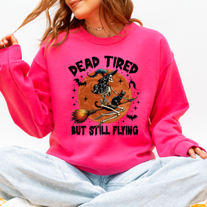 Dead Tired But Still Flying Halloween Witch Motif With Spooky Moonlit Night And Cozy Vibes Sweatshirt — view 9
