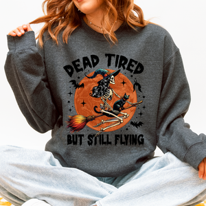 Dead Tired But Still Flying Halloween Witch Motif With Spooky Moonlit Night And Cozy Vibes Sweatshirt — view 3
