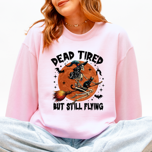 Dead Tired But Still Flying Halloween Witch Motif With Spooky Moonlit Night And Cozy Vibes Sweatshirt — view 7