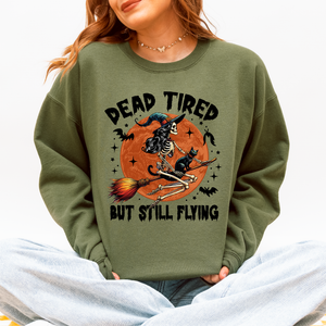 Dead Tired But Still Flying Halloween Witch Motif With Spooky Moonlit Night And Cozy Vibes Sweatshirt — view 4