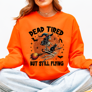 Dead Tired But Still Flying Halloween Witch Motif With Spooky Moonlit Night And Cozy Vibes Sweatshirt — view 6