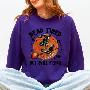 Dead Tired But Still Flying Halloween Witch Motif With Spooky Moonlit Night And Cozy Vibes Sweatshirt — view 8