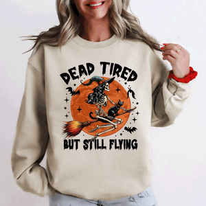 Dead Tired But Still Flying Halloween Witch Motif With Spooky Moonlit Night And Cozy Vibes Sweatshirt — view 1