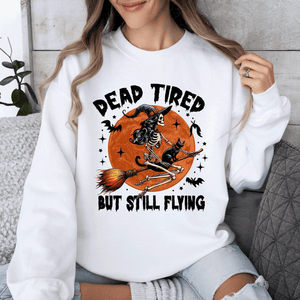 Dead Tired But Still Flying Halloween Witch Motif With Spooky Moonlit Night And Cozy Vibes Sweatshirt — view 5