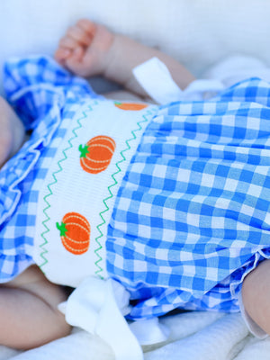 Fall Thanksgiving& Halloween Blue Pumpkin Smock Embroidery Baby Girl Romper — view 3