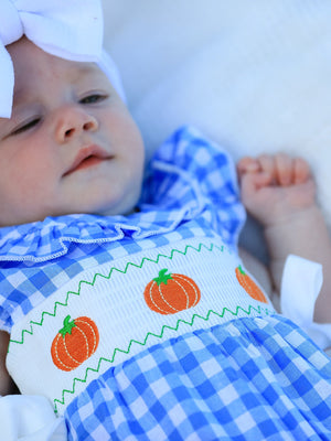 Fall Thanksgiving& Halloween Blue Pumpkin Smock Embroidery Baby Girl Romper — view 4