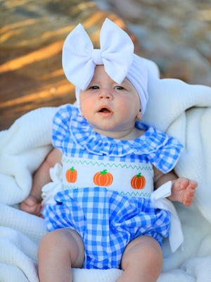 Fall Thanksgiving& Halloween Blue Pumpkin Smock Embroidery Baby Girl Romper — view 2
