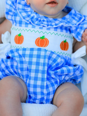 Fall Thanksgiving& Halloween Blue Pumpkin Smock Embroidery Baby Girl Romper — view 5