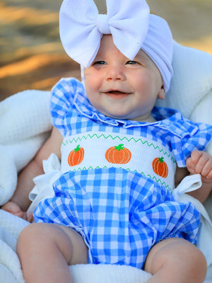 Fall Thanksgiving& Halloween Blue Pumpkin Smock Embroidery Baby Girl Romper — view 1