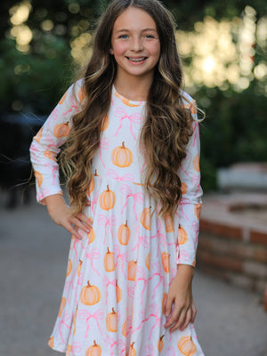 PREORDER Fall Halloween & Thanksgiving Pumpkin Bow Print Long Sleeve Dress — view 5