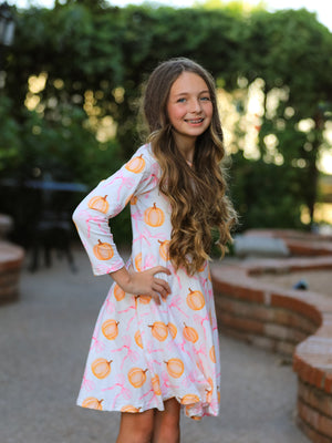 PREORDER Fall Halloween & Thanksgiving Pumpkin Bow Print Long Sleeve Dress — view 4