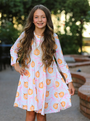 PREORDER Fall Halloween & Thanksgiving Pumpkin Bow Print Long Sleeve Dress — view 3
